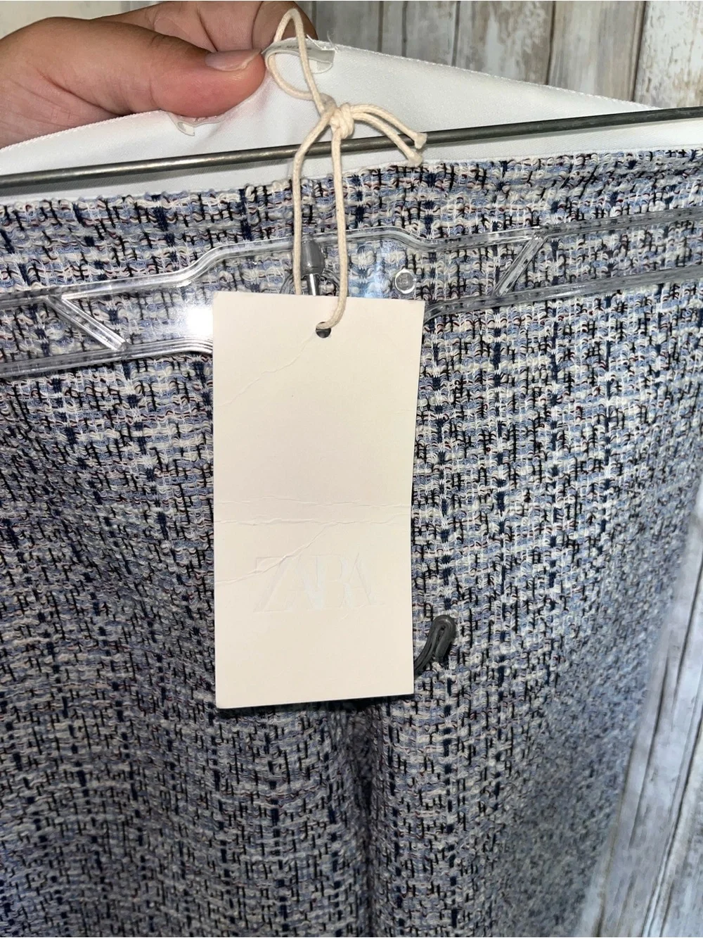 Zara Blue Tweed Boucle High Rise Flare Pants Trousers Size S NWT